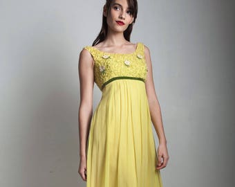 vintage 60s yellow empire maxi dress floral applique ribbon soutache EXTRA extra SMALL XXS