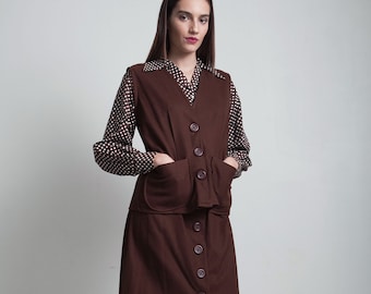 vintage 70s preppy vest skirt suit polka dot blouse chocolate brown white long sleeves top LARGE L
