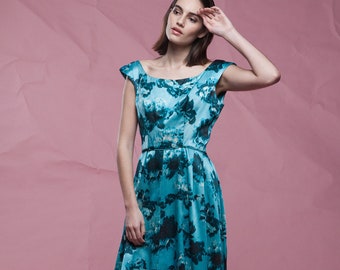 evening dress blue, 50s party dress, off the shoulder sleeveless floral print low back vintage 50s MEDIUM M