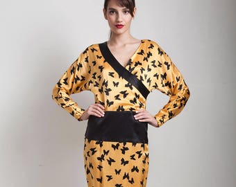 vintage 80s Flora Kung silk dress butterfly print gold yellow black drop waist cummerbund SMALL S