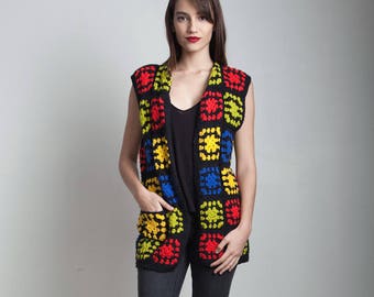 crochet vest, knitted vest, long tunic vest, boho top, black knit cutout multi-colored floral vintage 70s ONE SIZE S M L small medium large