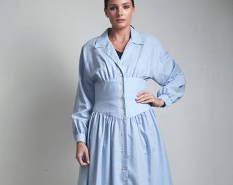 80s vintage light blue cotton dress midi collared dolman sleeve cummerbund MEDIUM M