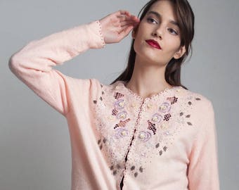 beaded cardigan sweater top cutout eyelet pink long sleeve vintage 60s LARGE L