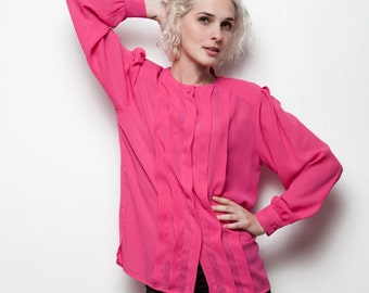 DVF top Diane Von Furstenberg sheer pink pleated fuschia long sleeves blouse vintage M MEDIUM