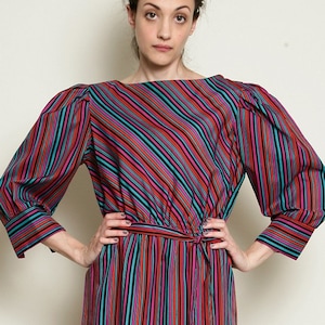 Secretary Dress 1970s 70s Vintage Striped diagonal stripe stripes Sash Belt 3/4 sleeves below the knee midi M MEDIUM image 1