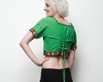 boho crop top indian cotton embroidered embellished green summer lace up vintage 70s L LARGE