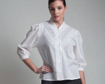 70s vintage white cotton top blouse floral eyelet cutout embroidery bib puff sleeve LARGE L