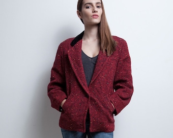 red herringbone tweed jacket vintage 80s Guy Laroche 36 M L MEDIUM LARGE