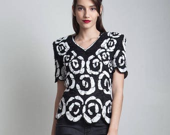 evening top beaded sequined silk party rose black white NYE vintage 80s SMALL S