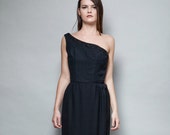50s formal dress one shoulder evening gown black crepe beaded sleeveless XS S extra small small