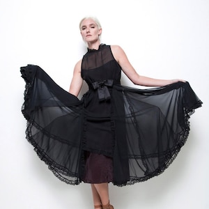 black sleeveless party dress lace trims full skirt sheer chiffon keyhole back vintage 80s M MEDIUM image 1