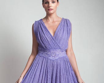 70s vintage purple dress crinkle gauzy cotton plunging v-neck smocked waist midi ONE SIZE S M L small medium large