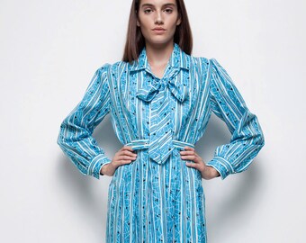 vintage 1970s ascot bow shirtdress mod blue stripes print LARGE L long sleeves knee length