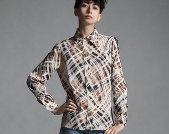 crinkled shirt blouse top abstract plaid print brown black vintage 70s MEDIUM M