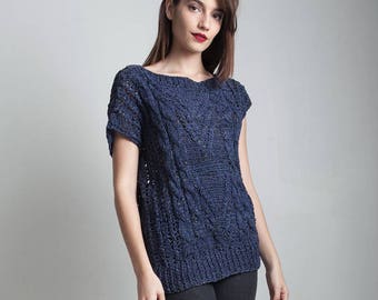 hand crochet leather suede macrame top asymmetrical navy blue crew neck LARGE EXTRA Large L XL