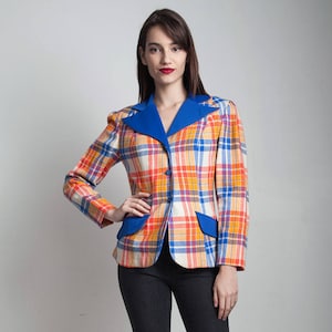 plaid blazer jacket top red orange blue tartan vintage 70s MEDIUM M image 1