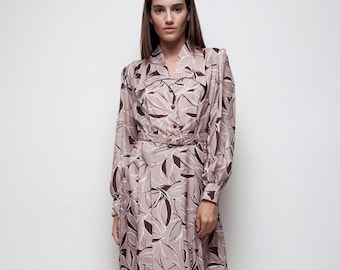 shirtwaist exaggerated collar dress pleated brown abstract floral print LARGE L