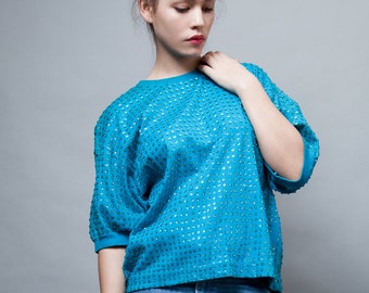 vintage 80s top blue turquoise sequinned sequins oversized ONE SIZE Small Medium Large S M L