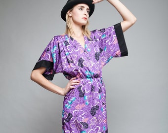 vintage 80s dress kimono sleeves purple printed satin ONE SIZE S M L small medium large wrap dress damask