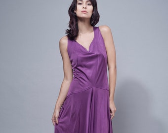 maxi dress purple, slinky evening dress, draped dress gown, drop waist maxi, v neck vintage 70s M Medium