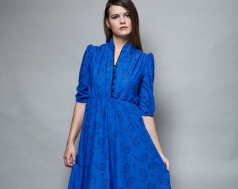 secretary dress blue paisley vintage 1970s day dress puff shoulders S M SMALL MEDIUM