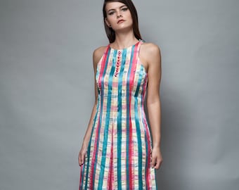 sleeveless halter maxi dress vintage 70s striped plaid pink blue satin shiny S SMALL