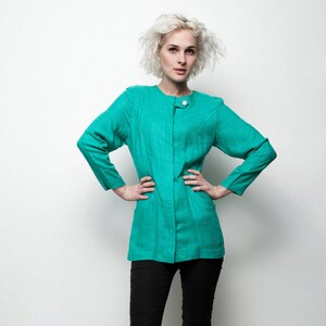 green minimalist top long sleeve button down vintage 80s M MEDIUM image 1