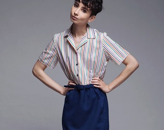 belted shirtwaist dress secretary stripes short sleeves navy blue vintage 70s MEDIUM M