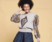 knit top sweater top animal print long sleeves crew neck brown vintage 80s ONE SIZE S M L