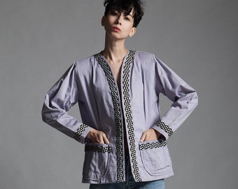 open jacket top purple cotton black white trims pockets blazer vintage 80s LARGE L