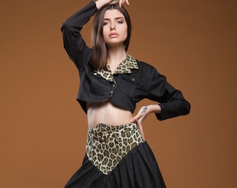 crop top mini skirt set midriff leopard animal print black cotton belted vintage 80s MEDIUM M