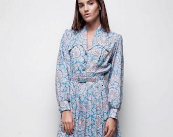 vintage 70s blue paisley print belted pleated shirtwaist dress LARGE L long sleeves knee length