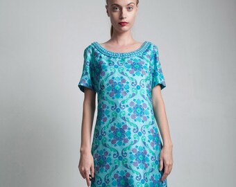 silk shift dress beaded collar 60s vintage turquoise blue floral short sleeve MEDIUM M