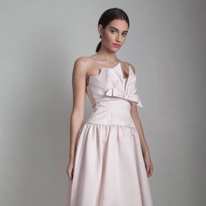 avant garde bow dress cocktail party prom origami vintage 80s pale pink strapless SMALL S