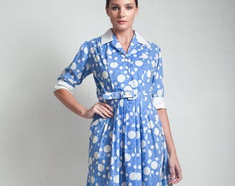 70s vintage shirtwaist dress blue white bubble print cotton belted short sleeves MEDIUM M