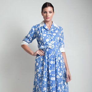 70s vintage shirtwaist dress blue white bubble print cotton belted short sleeves MEDIUM M image 1