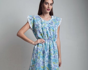 plus size vintage 70s blue floral casual day dress eyelet trim ONE SIZE 1X S M L XL 1X