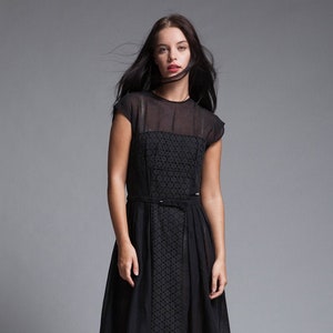 pleated day dress belted sheer black gauze cotton eyelet vintage 50s MEDIUM M