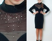 Vintage 80s Bodycon Black Dress Party Turtle Neck Illusion Lace Rhinestones Holiday L LARGE (40 quot Bust)
