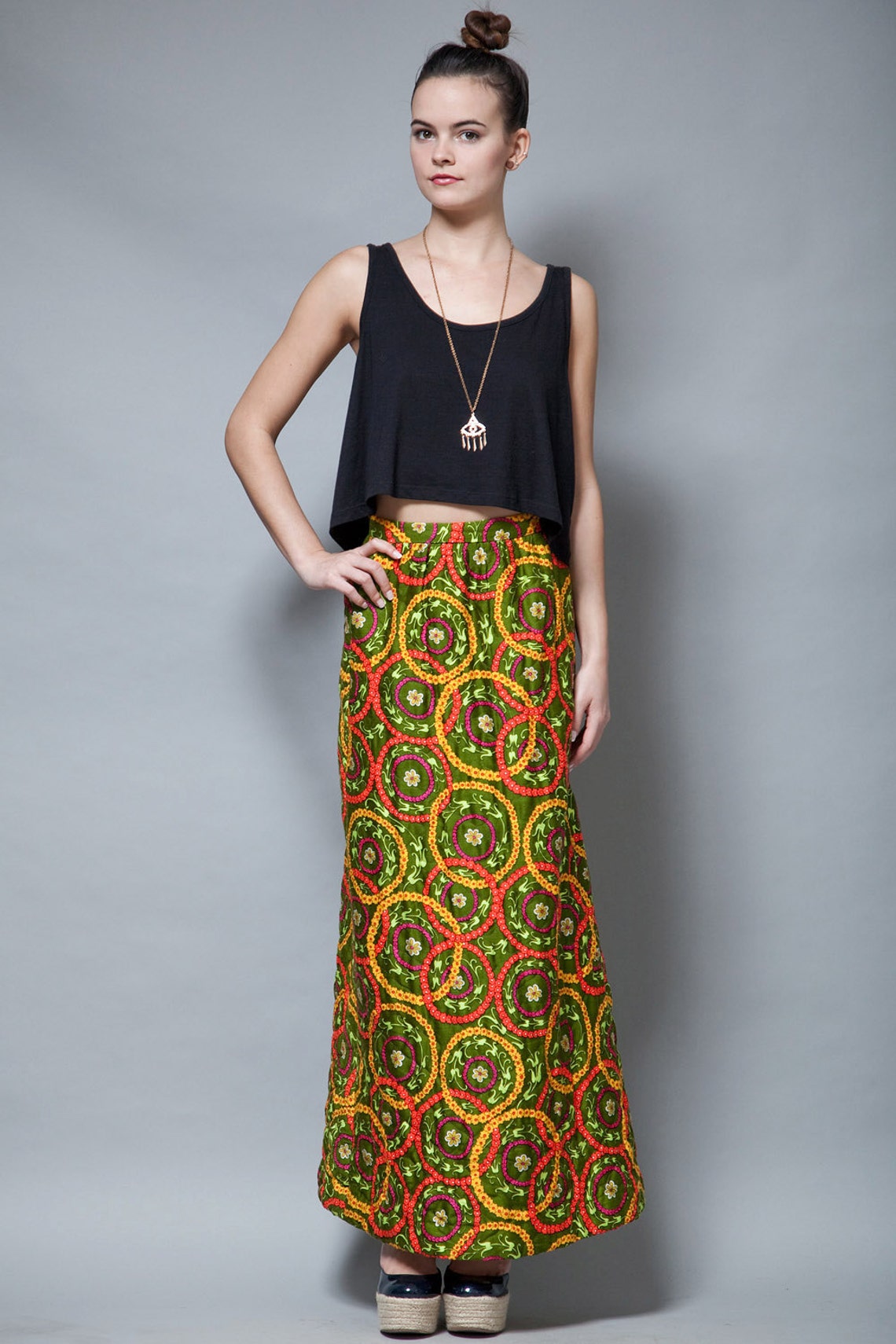 Vintage 60s/70s Quilted Floral Print Maxi Skirt, Button Front Original Tags S