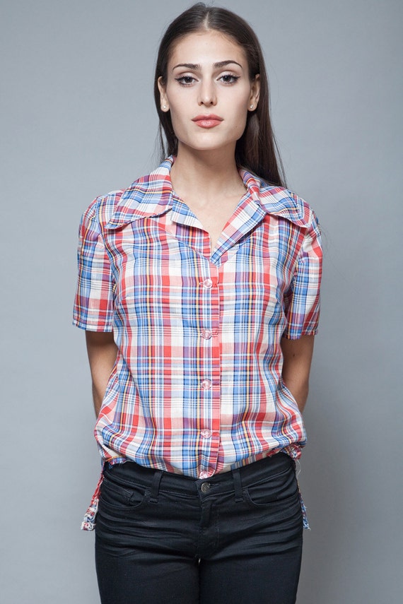 vintage 70s plaid cotton shirt blouse short sleev… - image 1