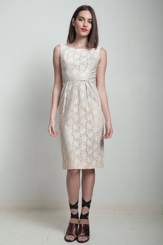 Vintage 50s 1950s Wiggle Dress Cream Lace Sleeveless Extra Small Xs