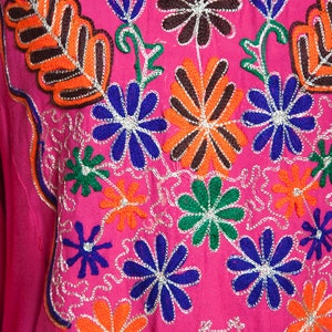 boho cotton festival dress hi-lo bright pink ethnic embroidery floral long sleeves vintage 70s MEDIUM M image 10