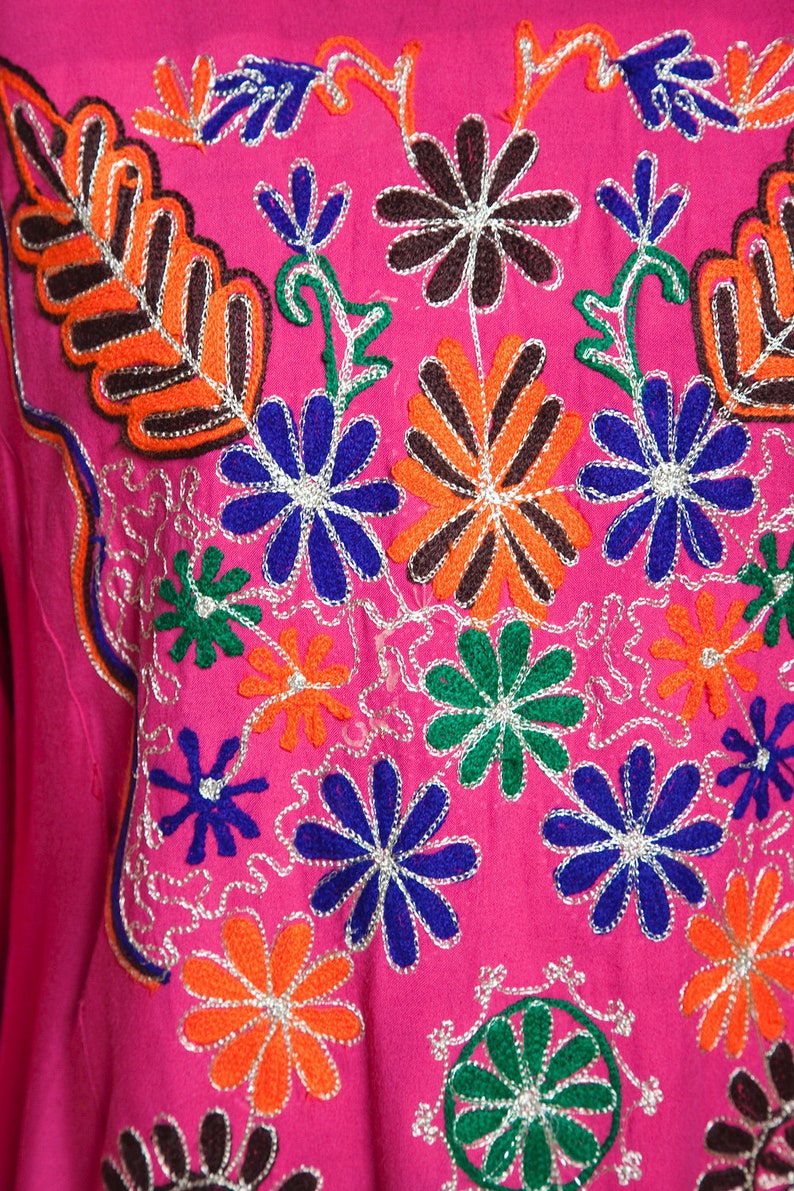 boho cotton festival dress hi-lo bright pink ethnic embroidery floral long sleeves vintage 70s MEDIUM M image 10