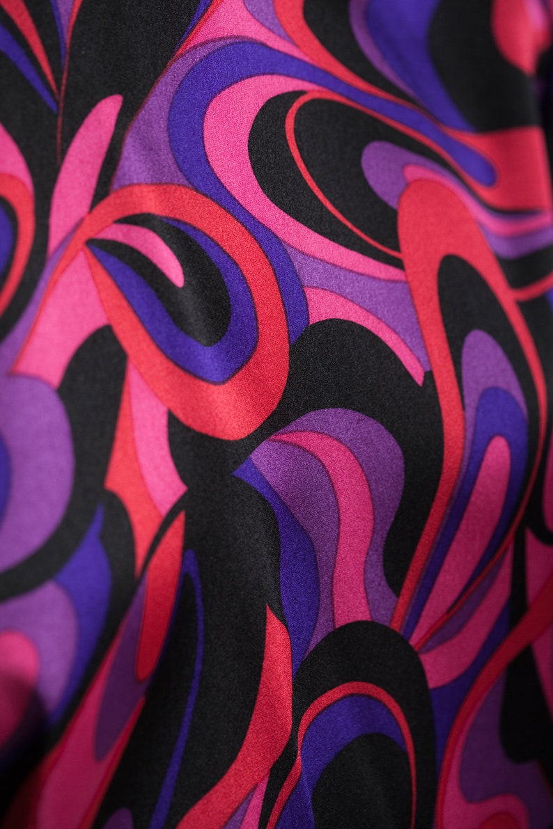 silk blouse top pink purple swirl print long sleeves flowy vintage 80s SMALL S