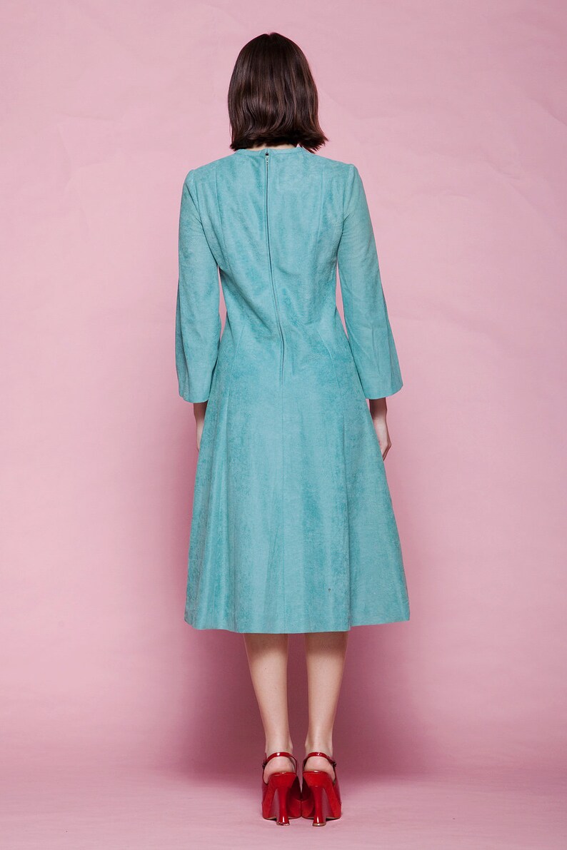 ultrasuede dress aqua blue green flare sleeves keyhole vintage 70s MEDIUM M image 6