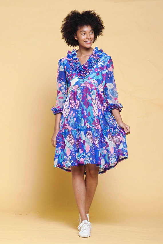 Victor Costa Romantica dress sheer blue pink flor… - image 3