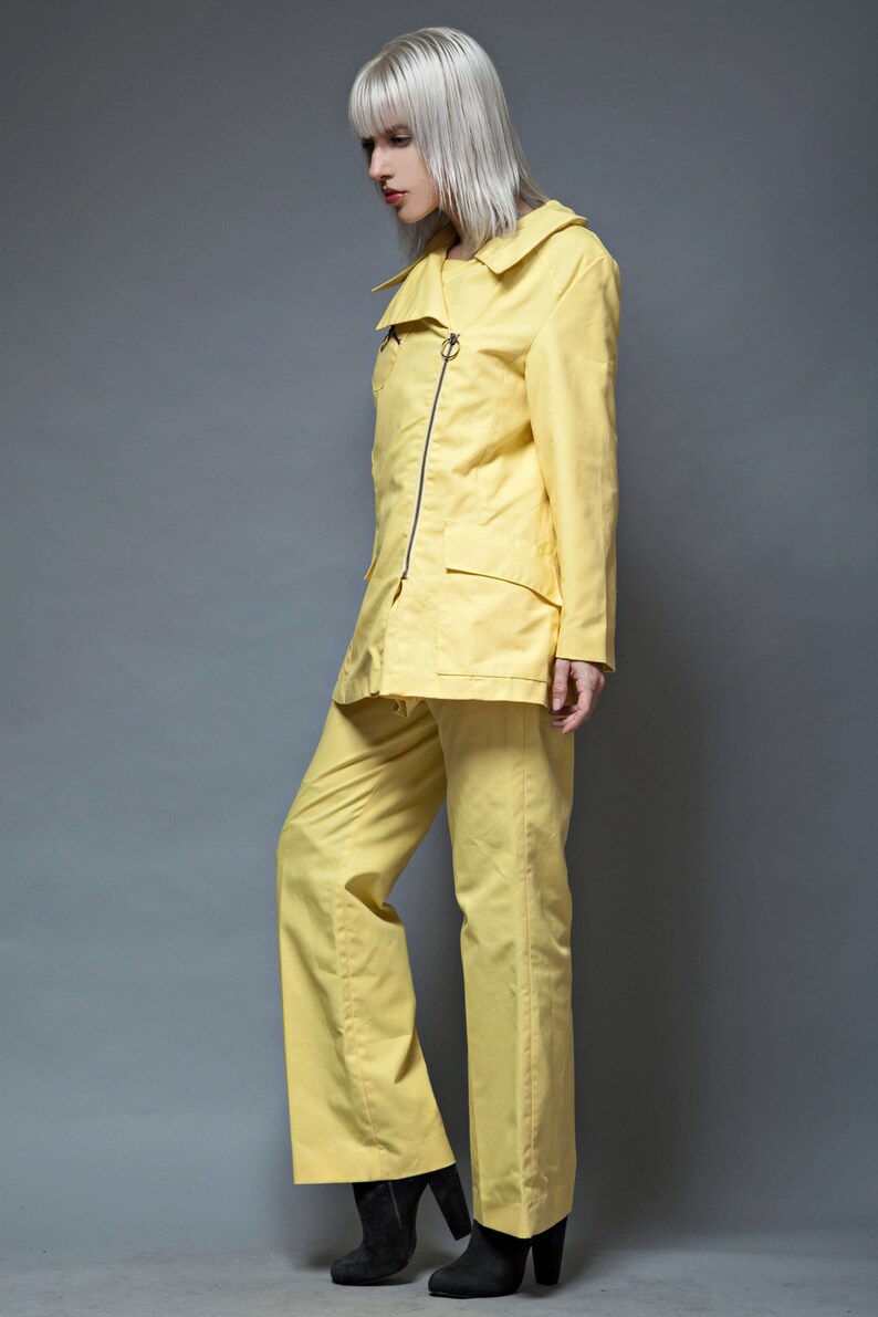 yellow pant suit jacket 2 piece set zipper top vintage 1970s M MEDIUM pants futuristic uniform image 3