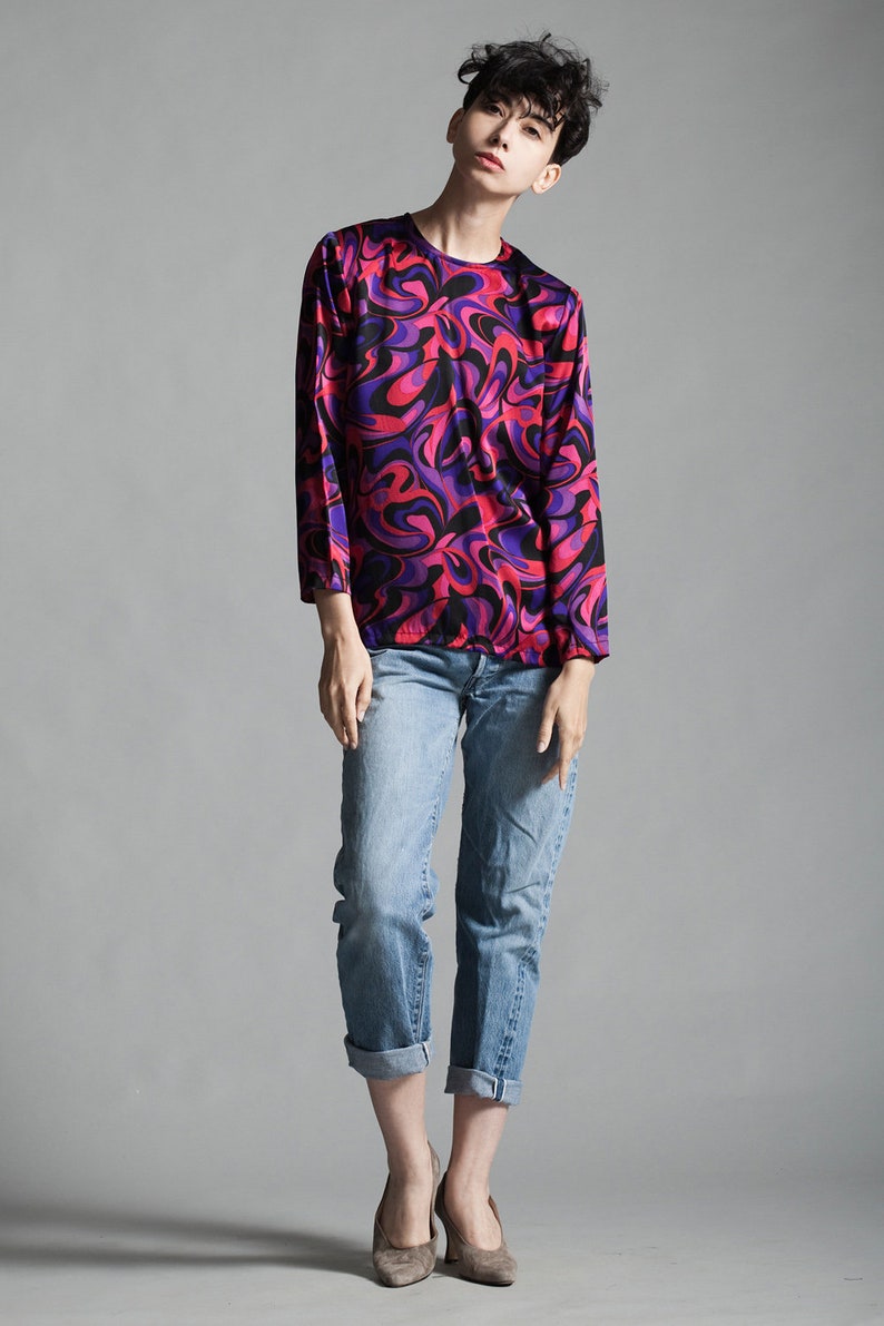 silk blouse top pink purple swirl print long sleeves flowy vintage 80s SMALL S