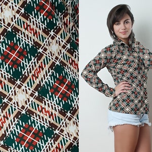 Vintage 70s Blouse Disco Polyester knit Shirt Multicolored Plaid tartan long sleeves M MEDIUM 38 Bust image 1